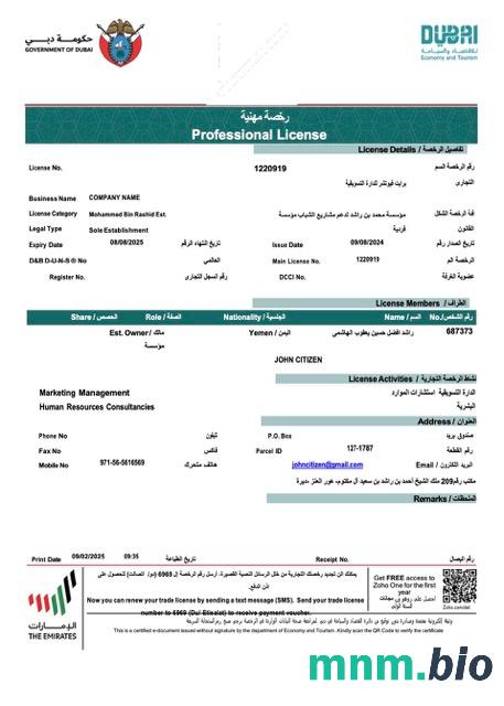 UAE Dubai professional license of company Word i szablon PDF